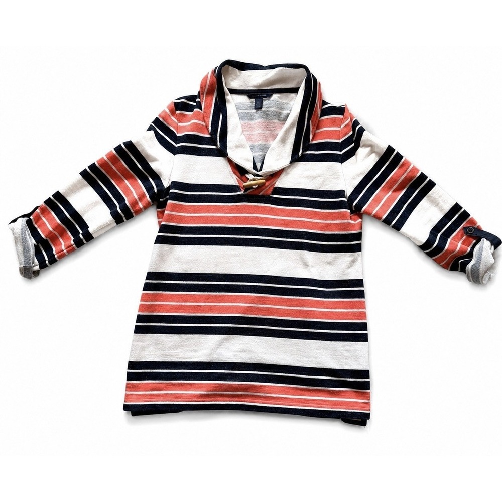 Tommy Hilfiger Women's Large Striped Cowl Neck Sweater Coral‎ Navy Cream Coastal